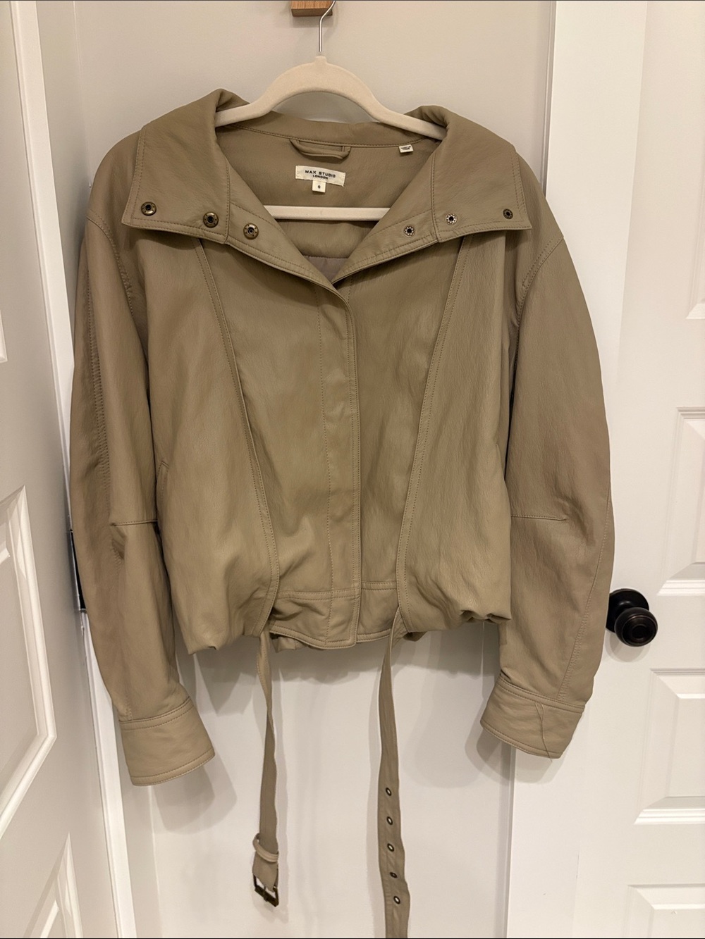 Max Studio Women's Beige Leather Funnel Neck Jacket